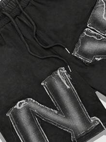 ROMWE MEN Grunge Punk Shorts casuales para hombres con bolsillo delantero y detalles de estampado de letras, uso diario minimalista