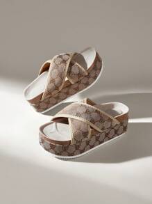 Solecia Ladies Fashion Cork Wedge Heel Letter Pattern Casual Slippers Summer - Brown - View 6