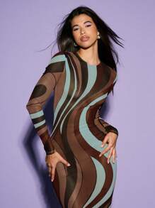 KIZN 薄纱长袖印花网纱长裙