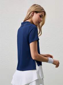 CourtClass 女式撞色花边夏季短袖运动 Polo 衫 - 藍色 - 查看 2