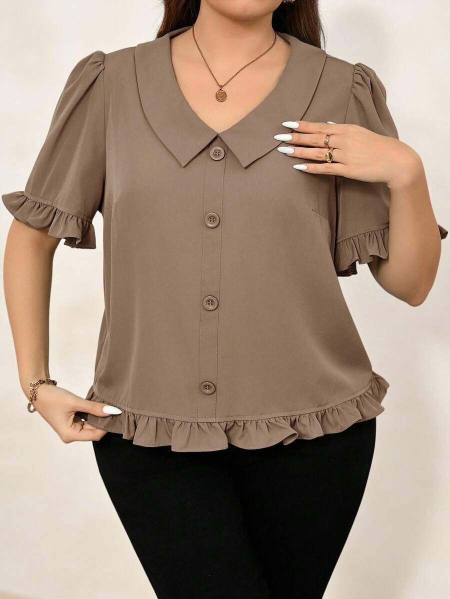 SHEIN Clasi Blusa de manga abullonada de unicolor informal/para trabajo en talla grande - Caqui - Ver 1