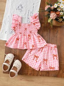 SHEIN 2pcs/Set Baby Girl Summer&Autumn Cure Casual Style Set ,Bowknot-Shape Printing Sleeveless Top&Shorts - Pink - View 8