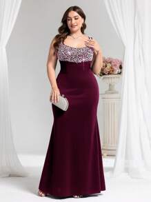 Coutiva Plus Size Women Pearl Decor Fish Tail Hem Formal Dress, Suitable For Banquet, - Burgundy - View 1