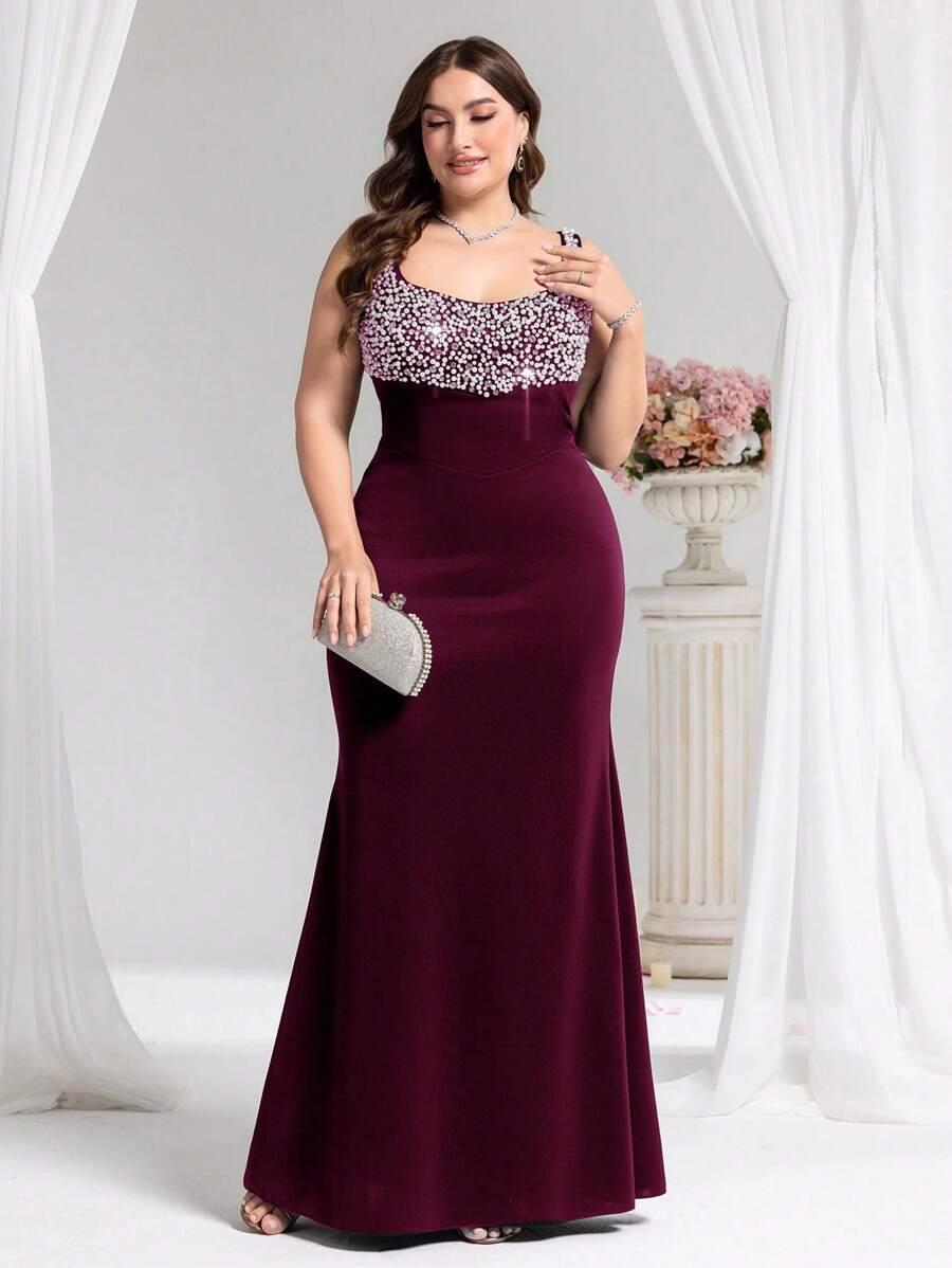 Coutiva Plus Size Women Pearl Decor Fish Tail Hem Formal Dress, Suitable For Banquet, - Burgundy - View 1