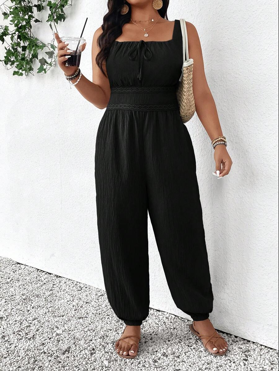 SHEIN Frenchy Bộ đồ liền thân không tay buộc dây ren màu trơn cỡ lớn cho nữ, mùa hè - màu đen - Xem 1