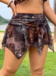 SHEIN EZwear 加大码扎染雪纺波西米亚风荷叶边下摆休闲裙，适合假日和夏季穿着女士短裙 - 彩色 - 查看 3