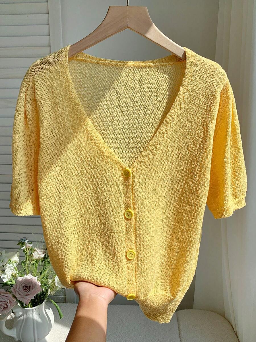 Comfortcana Butter Yellow Women V-Neck Short Sleeve Single-Breasted Knitted Sweater Top Women Summer Clothing Yellow Knitted Women Summer Sets Yellow Blouse Summer Cardigan For Women Cardigan For Women For Summer - Yellow - View 1