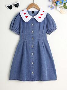 女童大码青少年水洗蓝色休闲修身俏皮心形刺绣牛仔连衣裙，简约时尚百搭设计适合日常穿着 - 中等水洗藍 - 查看 6
