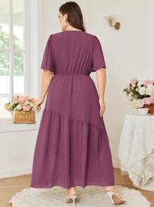 Modelyn Women's Plus Size Chiffon Solid Color Short Sleeve Ruffle Collar Dress - Purple - View 2