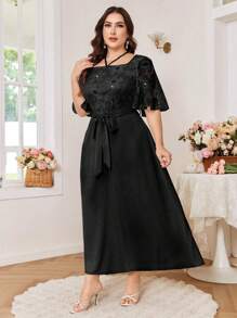 Modelyn Plus Size Mesh Embroidered Square Neck Short Sleeve Casual Summer Dress - Black - View 6