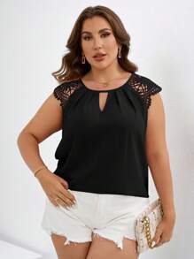 Reflora Plus Contrast Guipure Lace Keyhole Neck Blouse,Business Casual Woman - Black - View 5