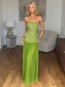 SHEIN BAE Spring/Summer Solid Green Embellished Jewel Floral Sequin Mesh Maxi Beach Holiday Dress, Summer Dress, Beach Dress, Elegant Dress Party Dresses For Women