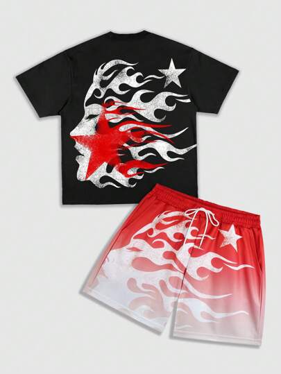 Street Life Estilo de calle de verano, fresco y elegante, pantalones cortos de tela de malla, camiseta de manga corta con estampado de llamas, elementos retro de estrella roja