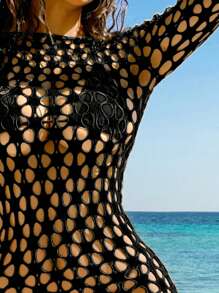 Swim SXY Women's Sexy Long Sleeve Round Mesh Hollow Back Cover-Up Dress, Casual, Fashionable, Resort, Beach For Summer Beach Vacation