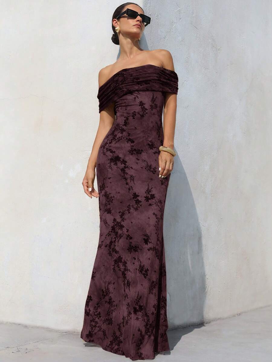 Aveloria Modichic Vestido midi ajustado con escote en V, hombros abiertos, estampado floral jacquard gris-verde de 2025, elegante y sexy con bajo estilo cola de sirena - Morado - Ver 1