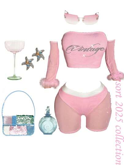 Slaydiva 2025 Spring/Summer New Bohemian Music Festival Casual Everyday Personalized Street Fashion Party Club Sexy Cute Adorable Y2K Pink Hollow Sheer Elastic Mesh Off-Shoulder Crop Tube Top With Fluffy Feather Trim, Rhinestone Letter Print, Paired With Elastic Waist Opaque Sheer Mesh Shorts Set