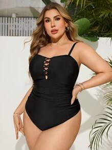 Swim Vcay Plus Size Women's One Piece Solid Black Swimsuit, Beach/Resort Wear For Summer Beach Vacation - Black - View 4