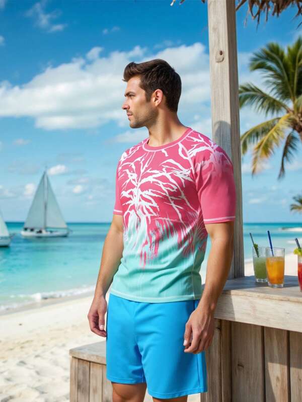 Manfinity Swimmode Men's Summer Beach Holiday Tropical Print Raglan Sleeve Rash Guard Swimsuit Outfit BeachModeOn Men Beach Tshirts Vacation Clothes For Men