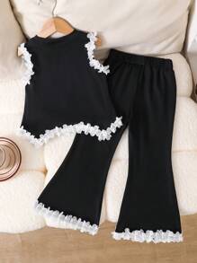 Elladie kids Young Girl Fashionable Ruffled Edge Bow Decor Camisole Dress & Bell Bottoms Outfit Set - Black - View 3