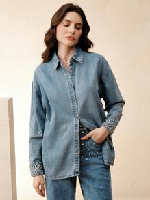 Anewsta 镶有水钻的休闲百搭牛仔衬衫，适合优雅的商务休闲女性 - 藍色 - 查看 4