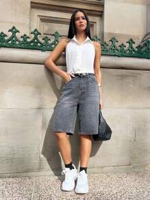 SHEIN EZwear Top de camisa de unicolor sexy sin espalda con lazo y halter para verano - Blanco - Ver 3