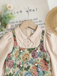 SHEIN LMoss Kids LMoss Young Girl Vintage Floral 2 In 1 Kemeja Lengan Panjang & Gaun Musim Gugur Musim Dingin - Hijau - View 4