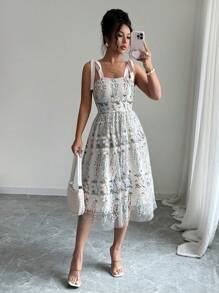 Elenzga Váy chữ A thắt nút lưới thêu hoa cho kỳ nghỉ hè dành cho nữ - Màu be - Xem 3