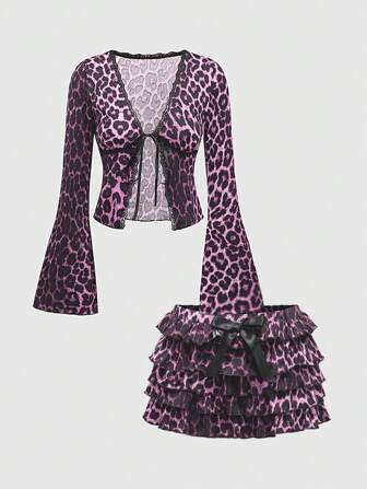 Kawaii Set de 2 piezas de mujer con cárdigan con lazo de cinta estampado de leopardo y shorts con volantes en estilo Y2K vintage