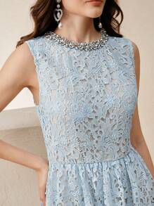 Anewsta 无袖镂空碎花蕾丝收腰水钻连衣裙，夏季 - 藍色 - 查看 1