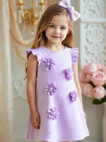 SHEIN Elladie kids Đầm xòe xếp ly phía trước họa tiết hoa 3D màu hoa oải hương cho bé gái mặc hàng ngày thanh lịch - Màu tím - Xem 4