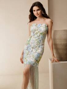 Anewsta Robe moulante à bretelles style bustier avec imprimé floral et franges, élégante pour l'été - Bleu et Blanc - Voir 1