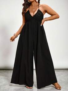 SHEIN VCAY Plus Size Solid Color Minimalist Loose Jumpsuit, Casual Everyday Wear, Summer Boho Beach Spring Break Outfit