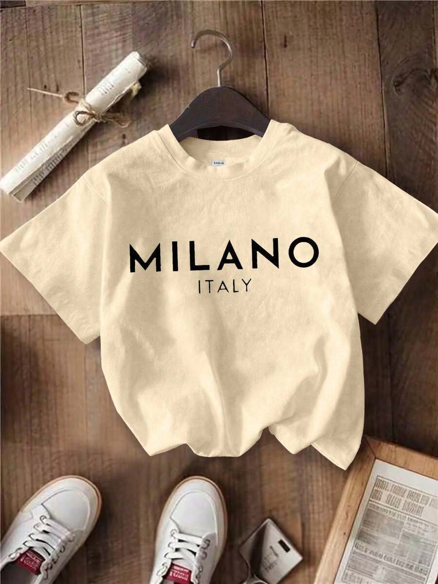 SHEIN 年轻女孩休闲简约英文字母印花圆领短袖T恤，适合夏季