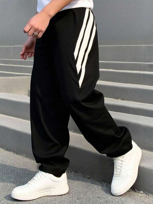 1 bucată Copii Băieți Casual Versatil Negru tricotat cu șnur în talie Pantaloni de sport cu dungi cu lățime contrastantă, potriviti pentru sport, călătorii, școală