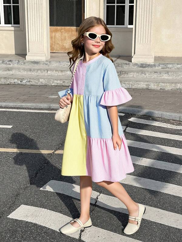 SHEIN Tween Girl Vacation Casual Woven Patchwork Shirt Dress