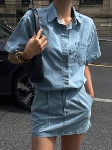 DAZY 2 件套女士夏季方领短袖开衫和牛仔迷你裙套装，休闲度假风格