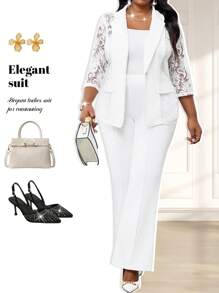 Fleurora 四季白色西装女西装外套女大衣蕾丝拼接优雅套装秋冬秋装优雅女士白色女裤女纯色金属纽扣装饰优雅九分裤秋季女装大码仿皮草大衣