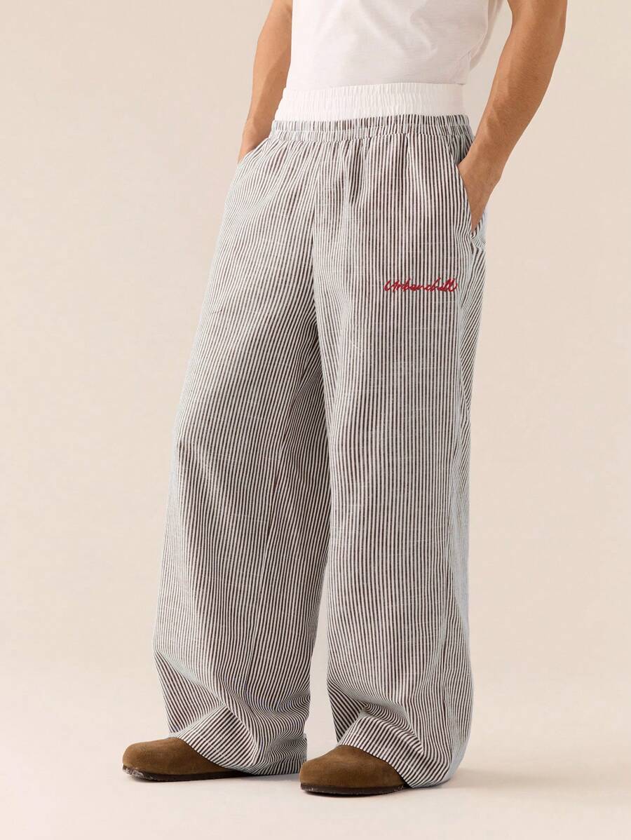 SWAVVY Men's Casual Loose Woven Striped Patchwork Waistband Straight Leg Pants, School, Fall