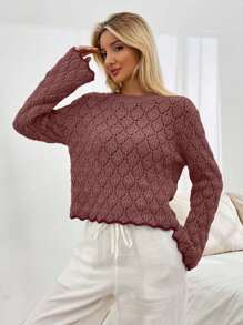 SHEIN Cottnline Women Pointelle Knit Round Neck Sweater With Striped Hem - Dusty Pink - View 4