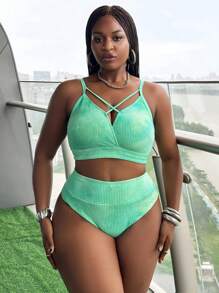 SHEIN Swim Curve 2件套加大码女式扎染交叉肩带高腰三角比基尼泳装套装 - 彩色 - 查看 3