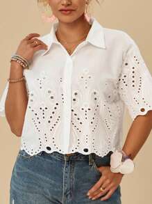 Travachic Plus Size Áo Sơ Mi Tay Ngắn Màu Trơn Thêu Rỗng Có Nút Cài Phía Trước, Mùa Hè Thường Ngày - trắng - Xem 4