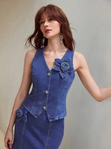 MOTF STUDIO STEREO FLORAL BUTTON UP DENIM TOP - Blue - View 6