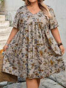 SHEIN CURVE+ Plus Size Floral Allover Print Casual Vacation Dress Summer/Country/Beach Vacation Outfits/Beach Outfits/Beach Wear,Dresses Casual