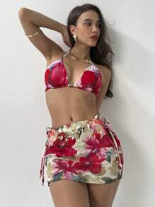 Aloruh 3pcs/Set Women Red Floral Print Halter Tie Bikini Top,Triangle Bottoms & Mini Skirt Summer,Casual,Vacation,Holiday Beach Outfits Boho Tropical Clothe - Yellow - View 3