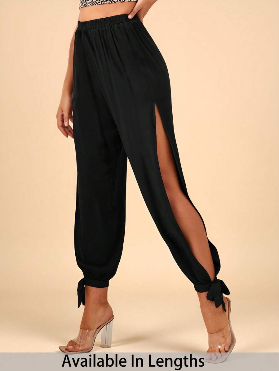 SHEIN PETITE CURVE Pantalones sólidos con abertura lateral y nudo en el dobladillo, ropa de primavera y verano para tallas grandes - Negro - Ver 1