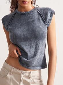 Bohemela Solid Color Knit Crew Neck Form-Fitting Washed Women T-Shirt - Grey - View 1