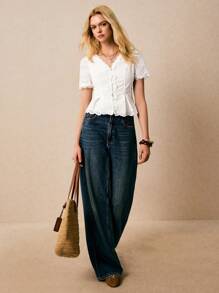 Poéselle 女士时尚优雅蕾丝拼布网眼刺绣荷叶边纽扣衬衫 - 白色 - 查看 5