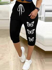 SHEIN LUNE Pantalones casuales con cordón y estampado de mariposa en tallas grandes