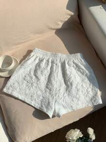 Comfortcana Plus Size Summer Women's Floral Jacquard Elastic Waist Loose Casual Shorts White High Waisted Shorts White Lace Shorts - White - View 2