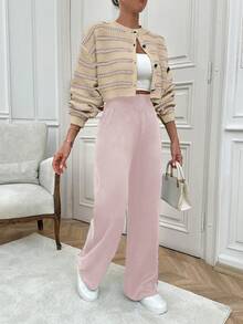 SHEIN Cottnline 女士条纹图案前扣开衫和毛衣裤套装 - 藕粉色 - 查看 6